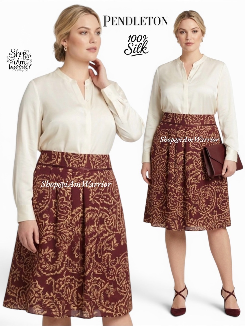 Pendleton Burgundy Paisley Baroque Knee Length Silk A-Line Skirt shop@iAmWarrior